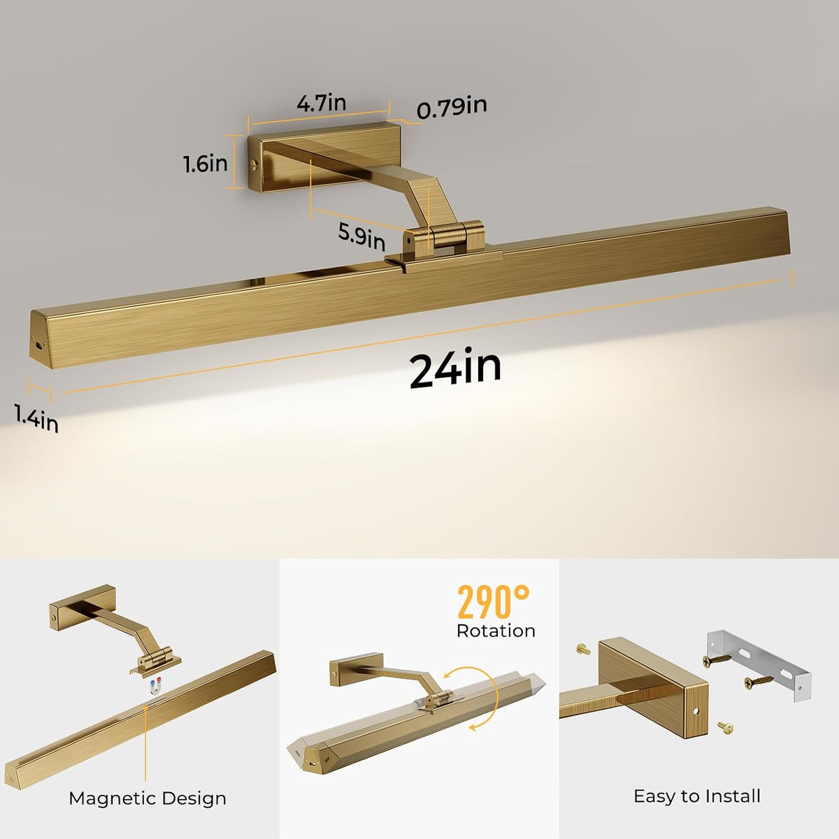 Picture Lights for Wall, Brass Battery Operated Picture Light 24in Art Light CCT Dimmable Recharging Battery Wall Light