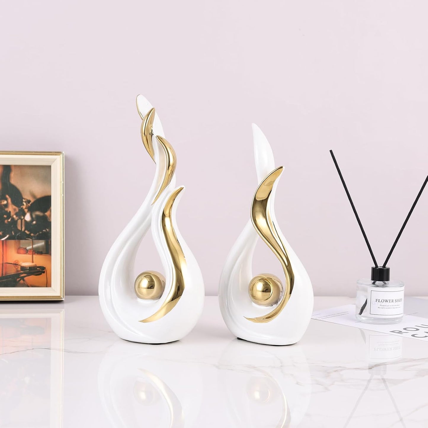 Modern Figurines / Abstract Flame Ceramic Sculpture Set / White Gold / Set of 2
