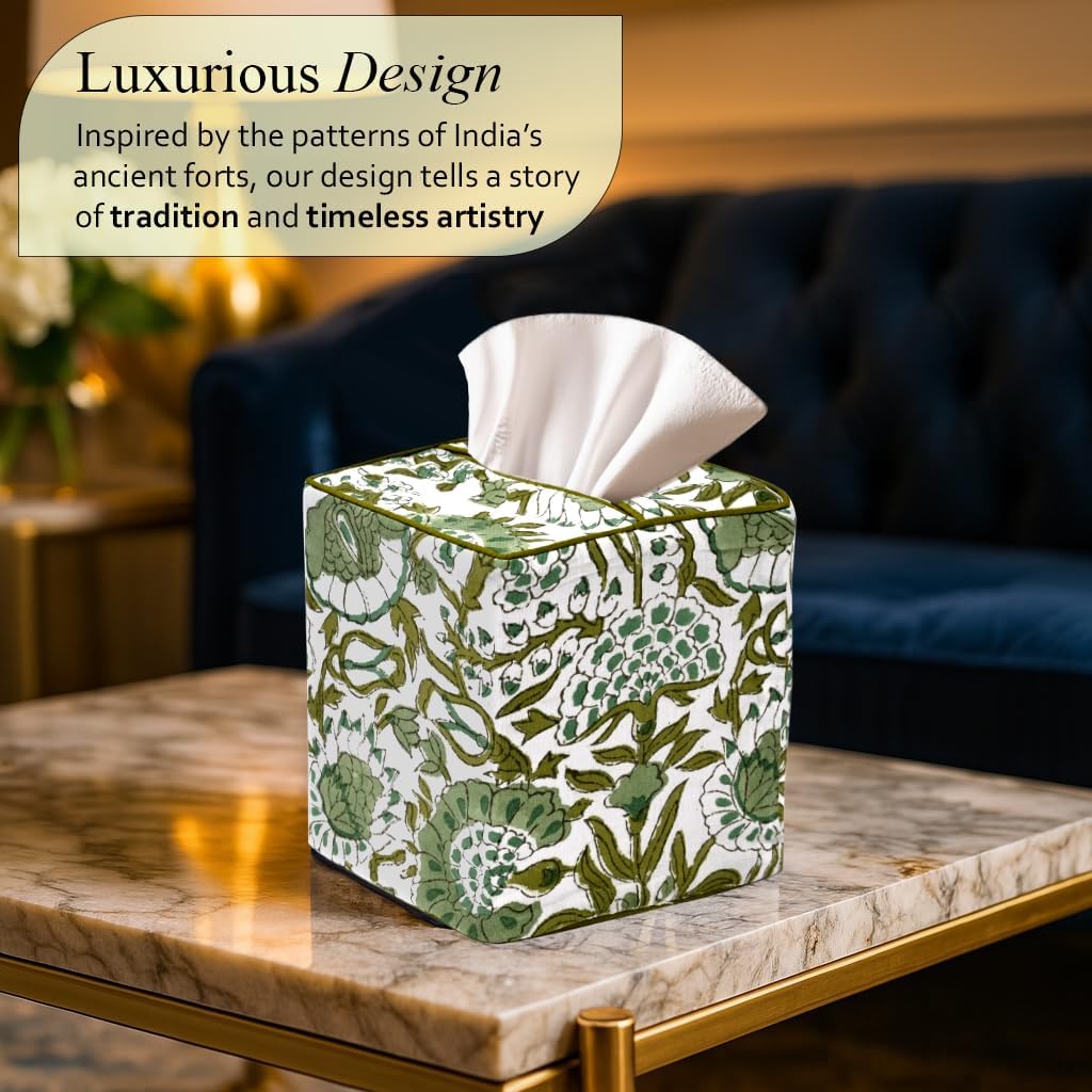CPC Hand Block Printed Cotton Tissue Box Cover " Square Soft Reusable / Agate Green / 5 x 5 x 5.5