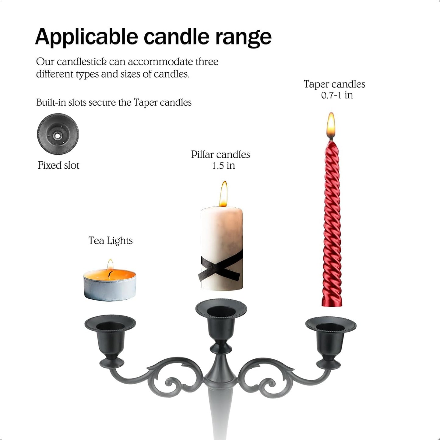 5-Arm Metal Candelabra Candle Holder Table Centerpiece, Black | Classic 5-Arm Metal Candelabra, Glossy Black Finish.