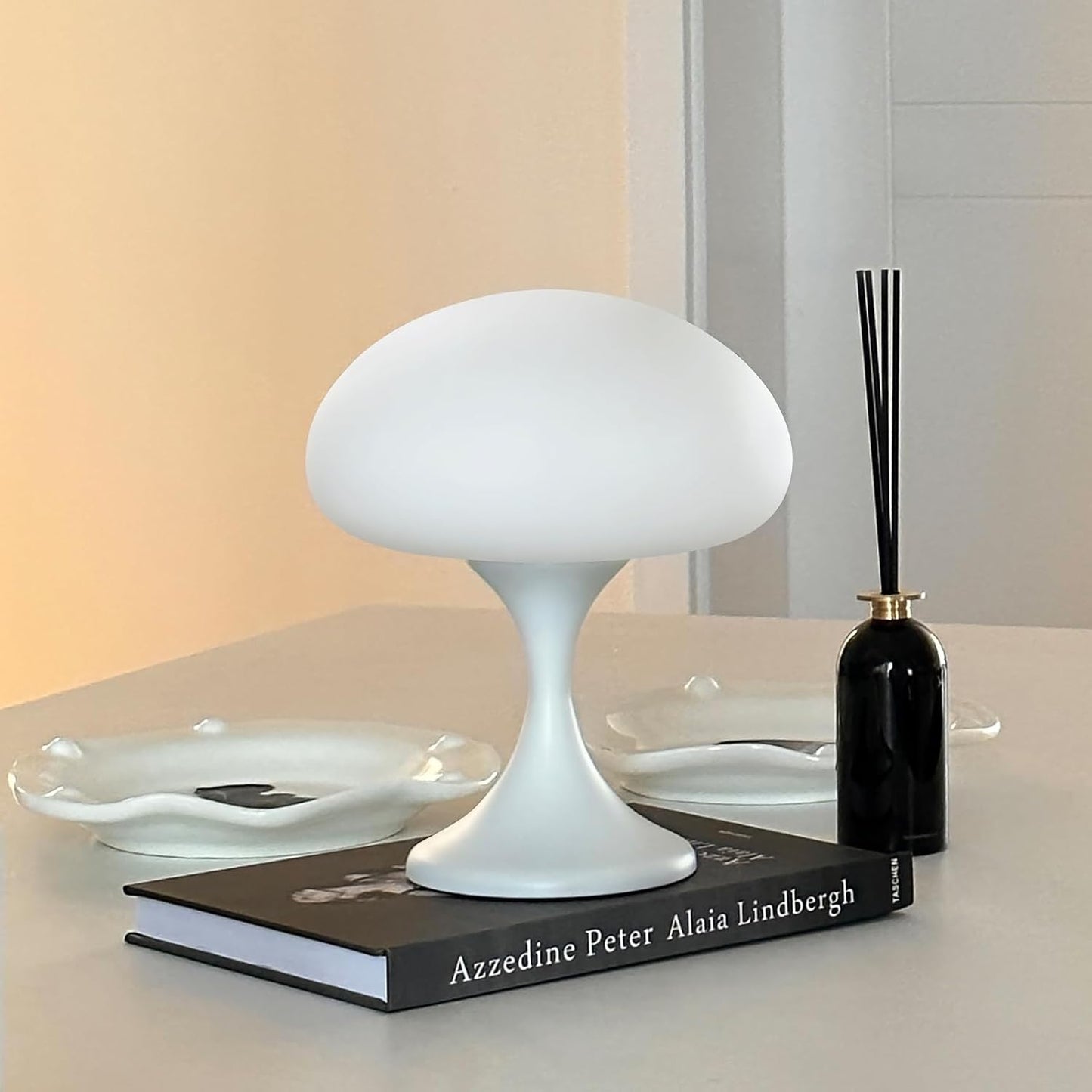 Mushroom Lamp, 5W LED Cordless Rechargeable Table Lamp with Glass Shade, Small Retro Dimmable Touch Light with 3 Color