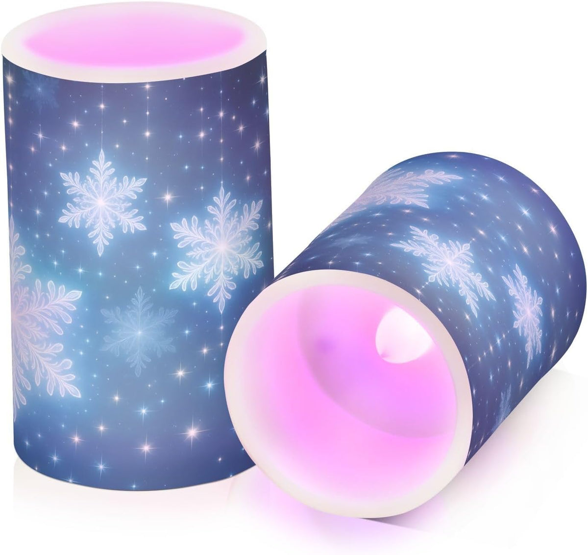Flickering Flameless Candles, Christmas Snowflakes Blue Background LED Candles with Remote Timer, Set of 2 Battery