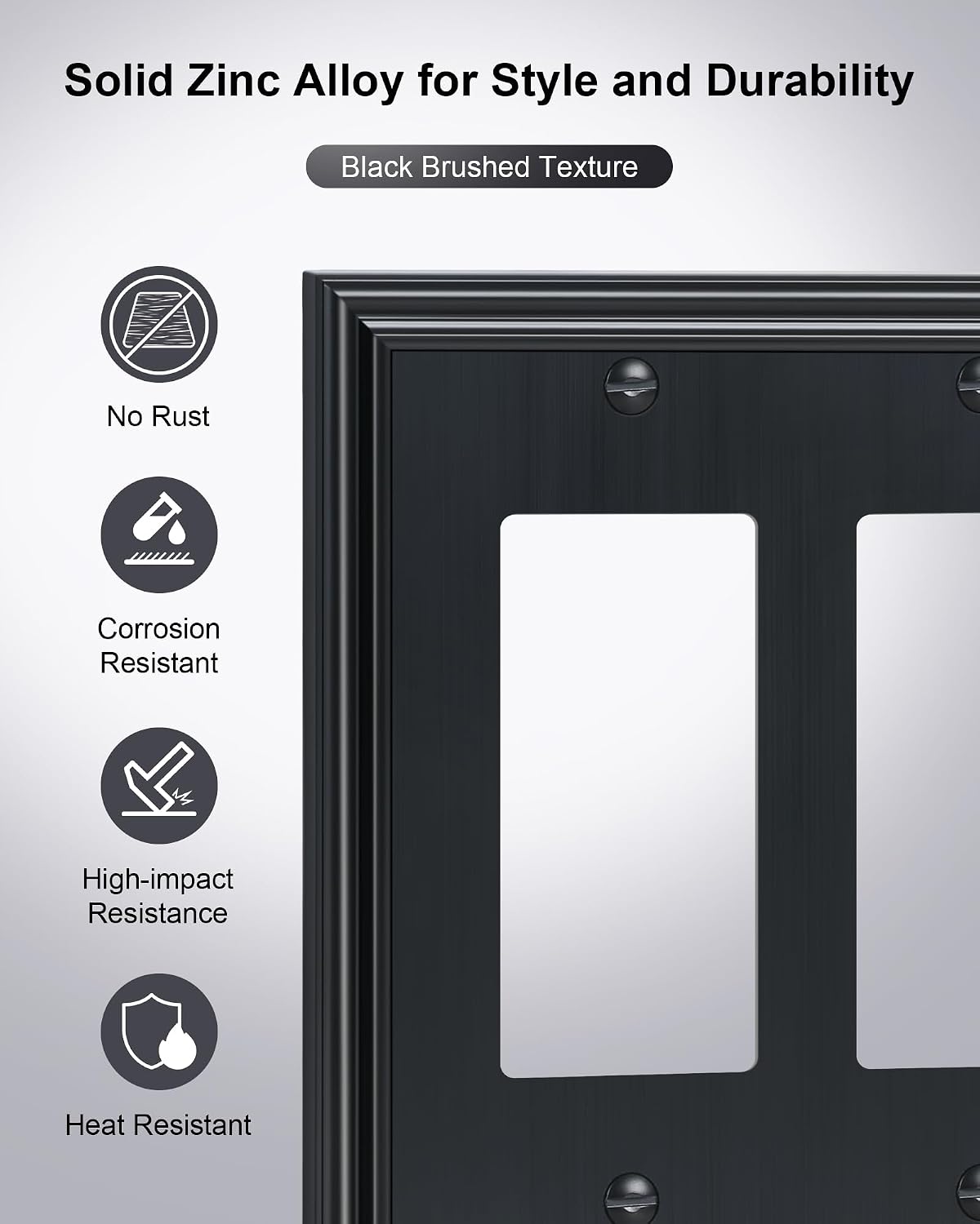 2-Pack Zinc Alloy Quad Decorator Outlet Cover Plate, Solid Wall Plates | Decorative Switch Plates and Outlet Covers, 4