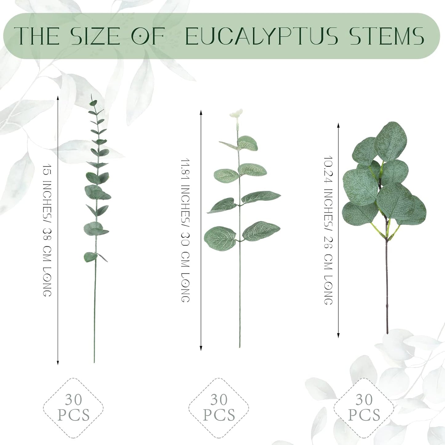 3 Kinds Mixed Artificial Eucalyptus Leaves Stems Bulk Silver Dollar Leaves Picks / Green / Set of 90