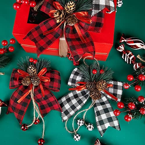 codree 6 Pcs Christmas Burlap Plaid Bows with Pine Cones Pine Needles