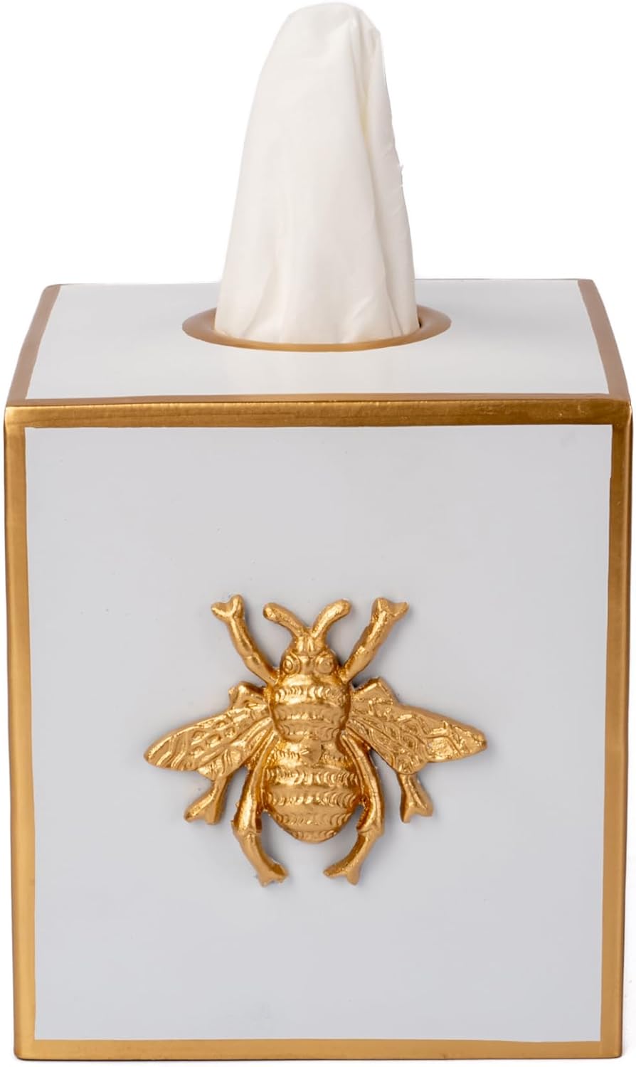 Metal Tissue Box Cover Square / White Bee / Regency