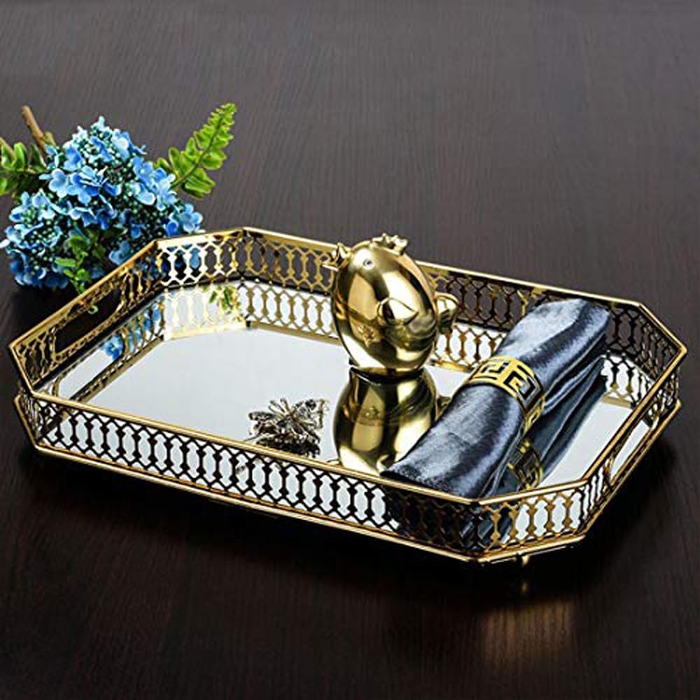Vintage Gold Mirrored Vanity Tray / Dark Gold