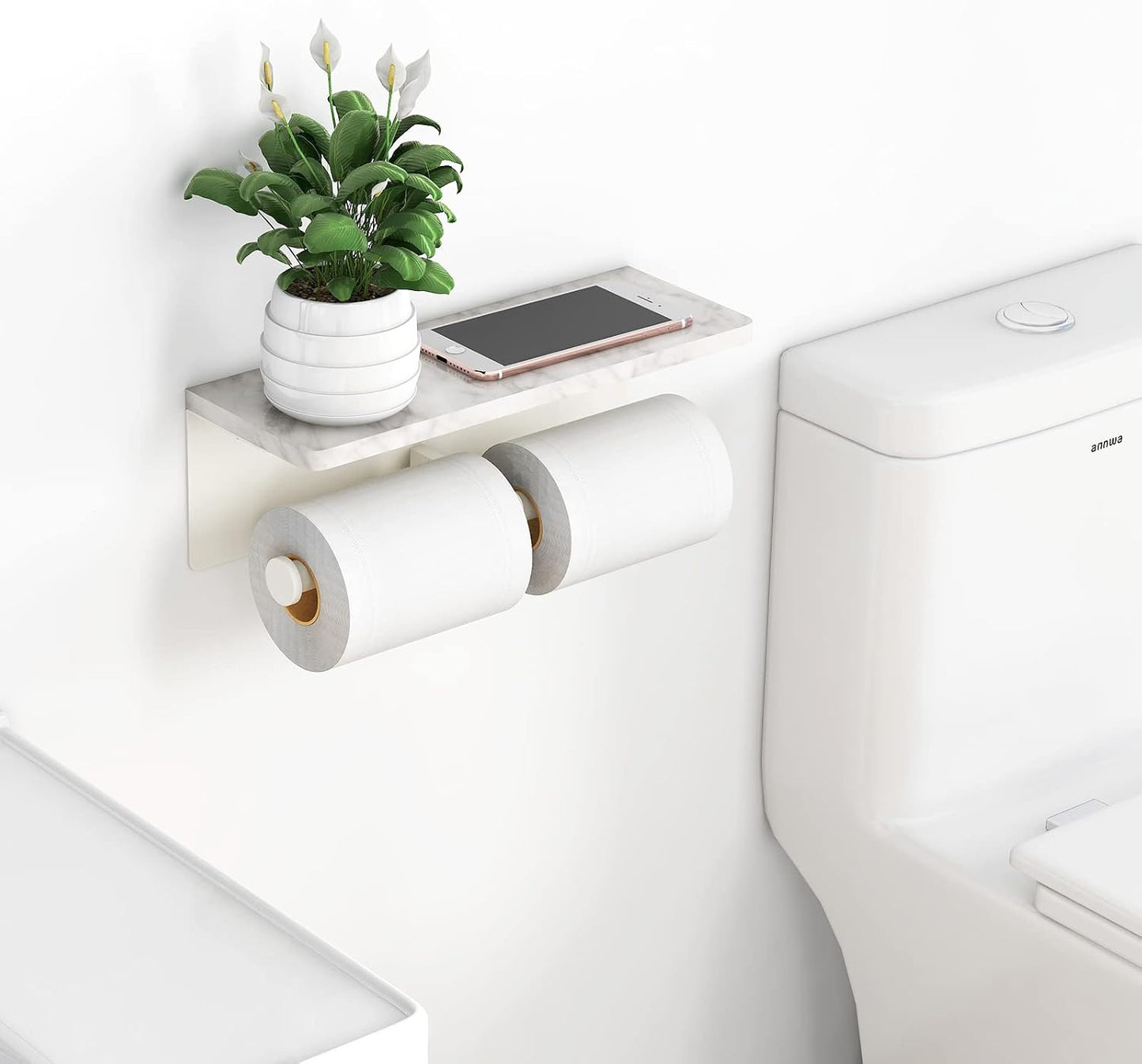 Gypie Double Toilet Paper Holder, Toilet Paper Wall Mount, White Marble | Toilet Paper Holder with Shelf, Stainless