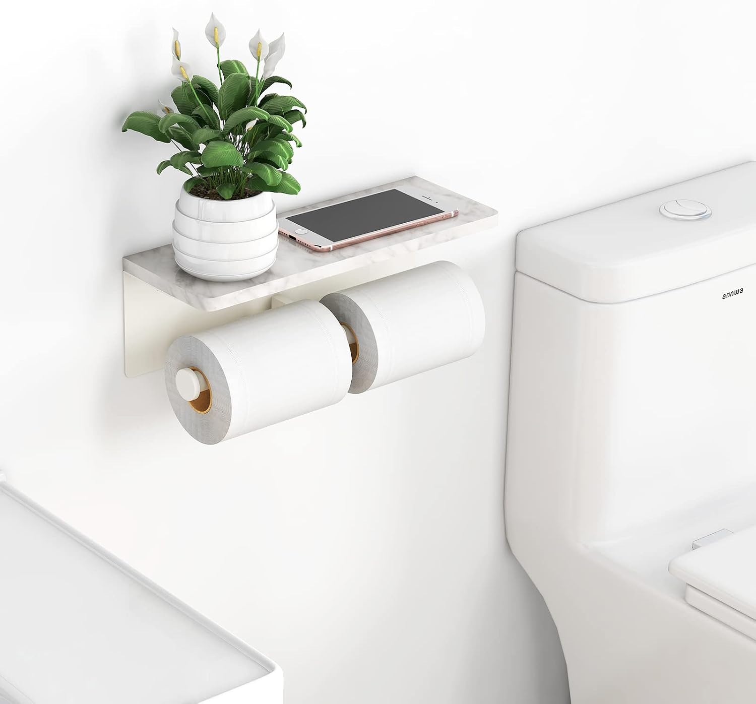 Gypie Double Toilet Paper Holder, Toilet Paper Wall Mount, White Marble | Toilet Paper Holder with Shelf, Stainless