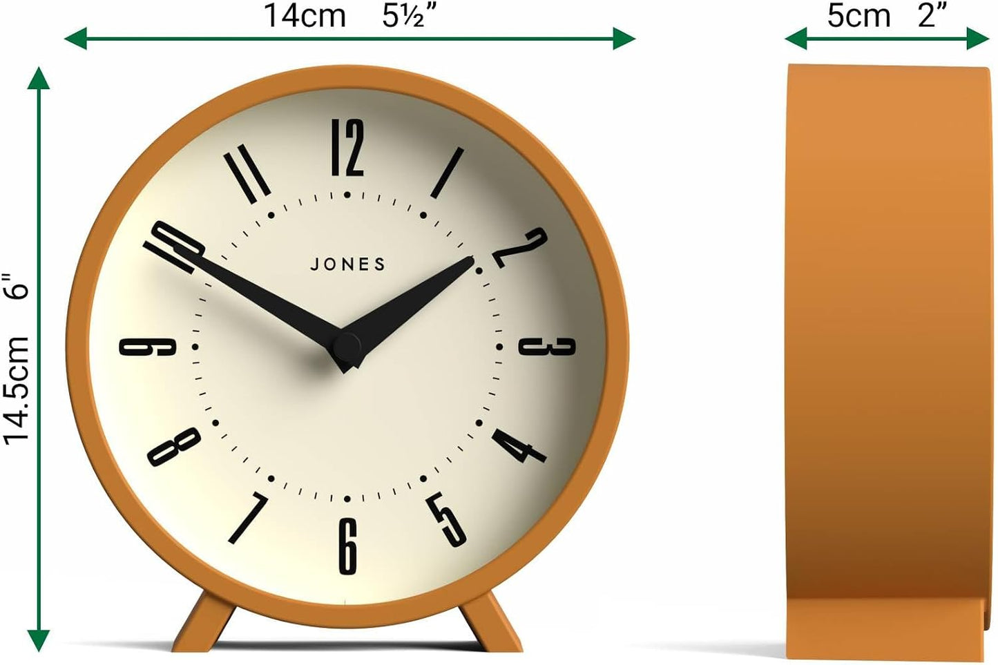 JONES CLOCKS® Venus Desk Clock | Modern Round Design | Mustard Yellow | Stylish Retro Look for Shelf, Table, Mantel or