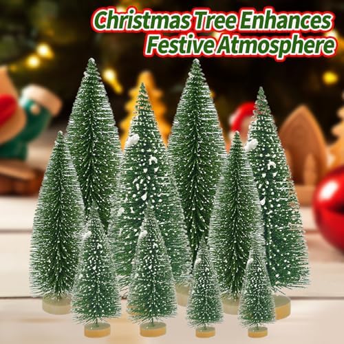 Yahpetes Christmas Trees 10 Pcs Bottle Brush Christmas Trees 5 Size Artificial Christmas Sisal Snow Frost Trees Pine Trees with Wood Base for Tabletop Christmas Party Home Indoor Decor (Dark Green)
