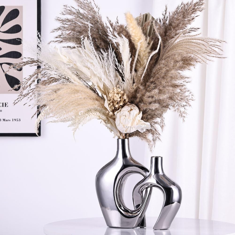 Hollow Ceramic Vases / Silver / Set of 2