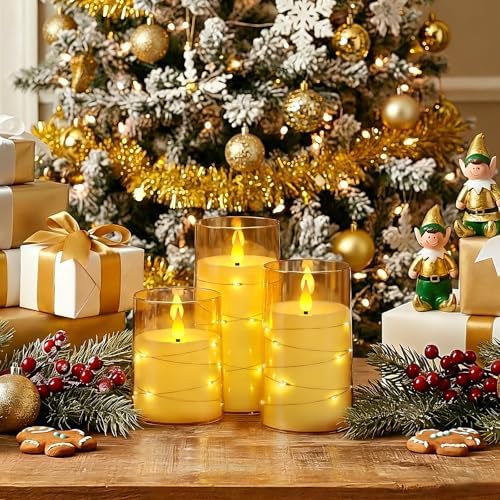 Homemory Flickering Flameless Candles, Gold LED Pillar Candles with Remote