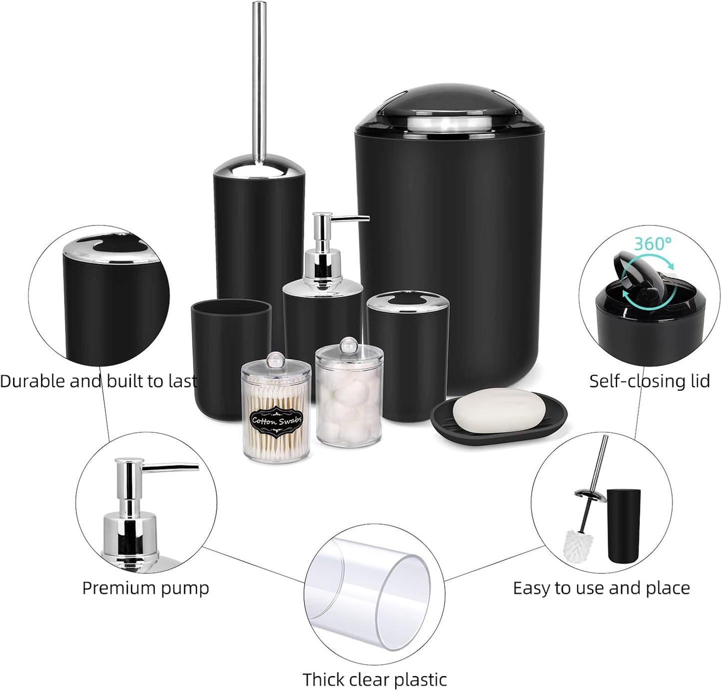 IMAVO Bathroom Accessories Set,Black Bathroom Set,9 Pieces Bathroom Accessory Set,Tray,Qtip Holders,Toilet Brush,Trash