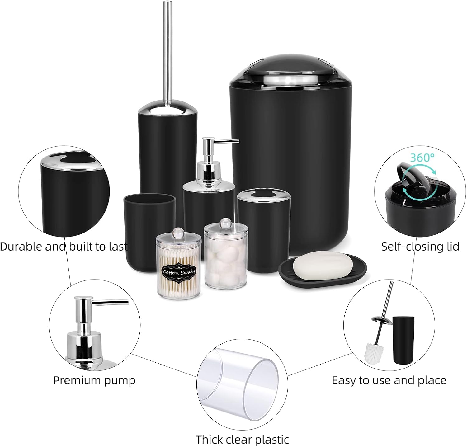 IMAVO Bathroom Accessories Set,Black Bathroom Set,9 Pieces Bathroom Accessory Set,Tray,Qtip Holders,Toilet Brush,Trash