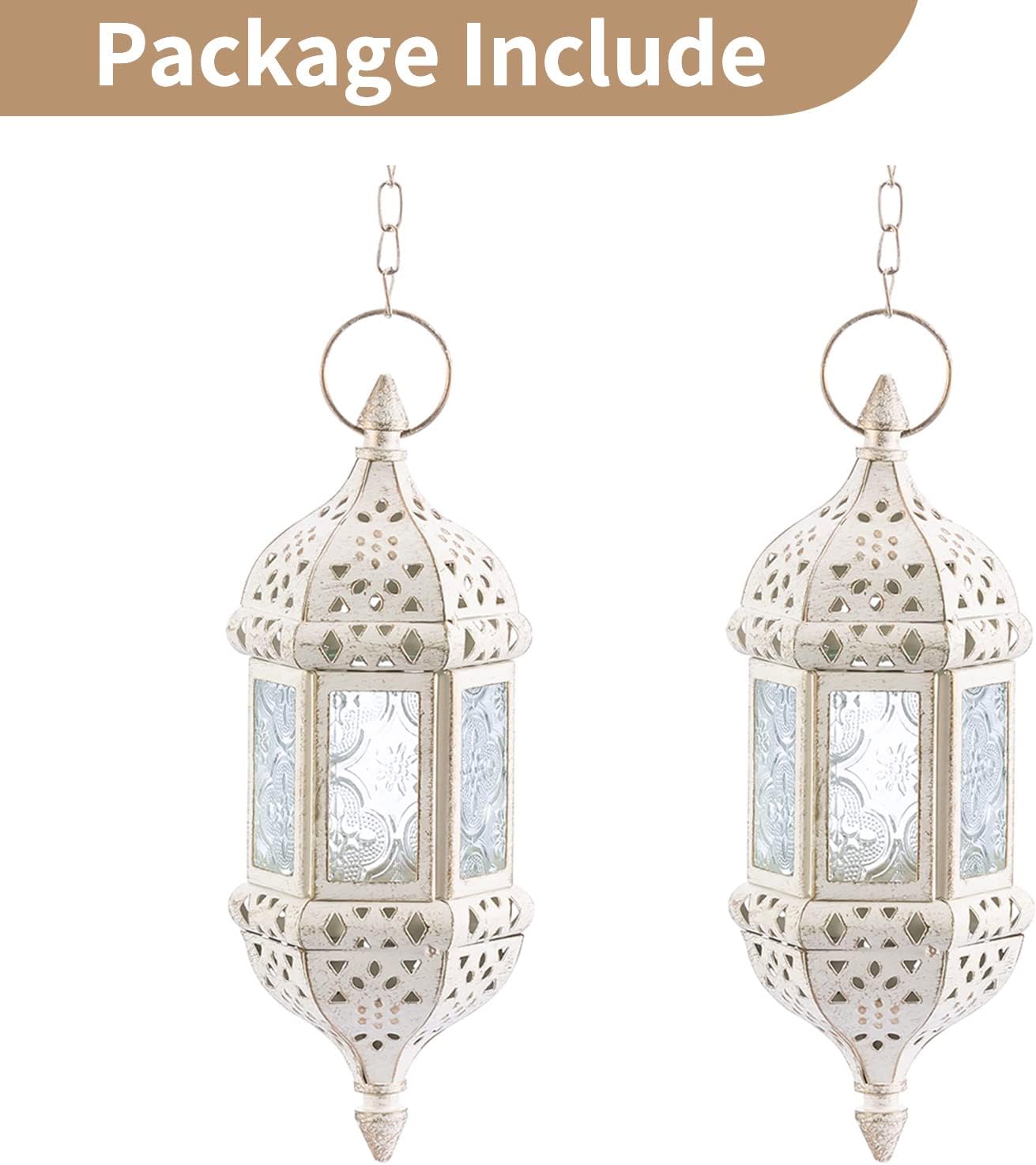 2 Pcs Moroccan Lantern Metalwork Hanging Tealight Candle Holder Metal Glass Indoor Outdoor Battery Operated LED