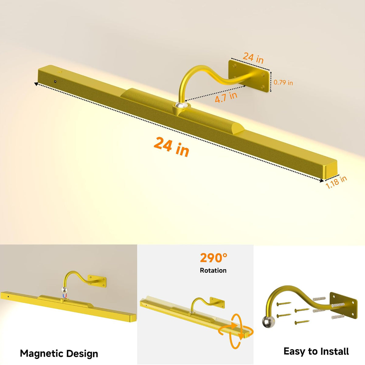 Art Picture Frame Light for Wall Gold,6000mAh Wireless Gallery Lighting,Rechargeable Battery Remote Dimmable LED for