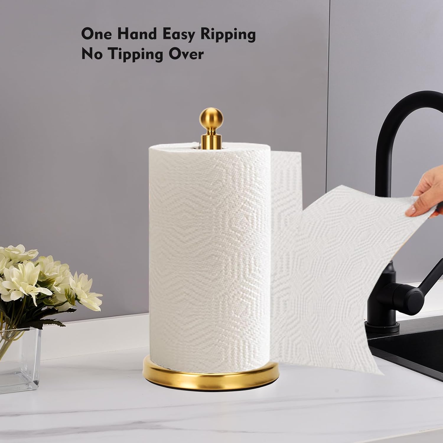 Gold Paper Towel Holder Countertop, Standing Paper Towel Roll Holder for Kitchen Bathroom, with Weighted Base for