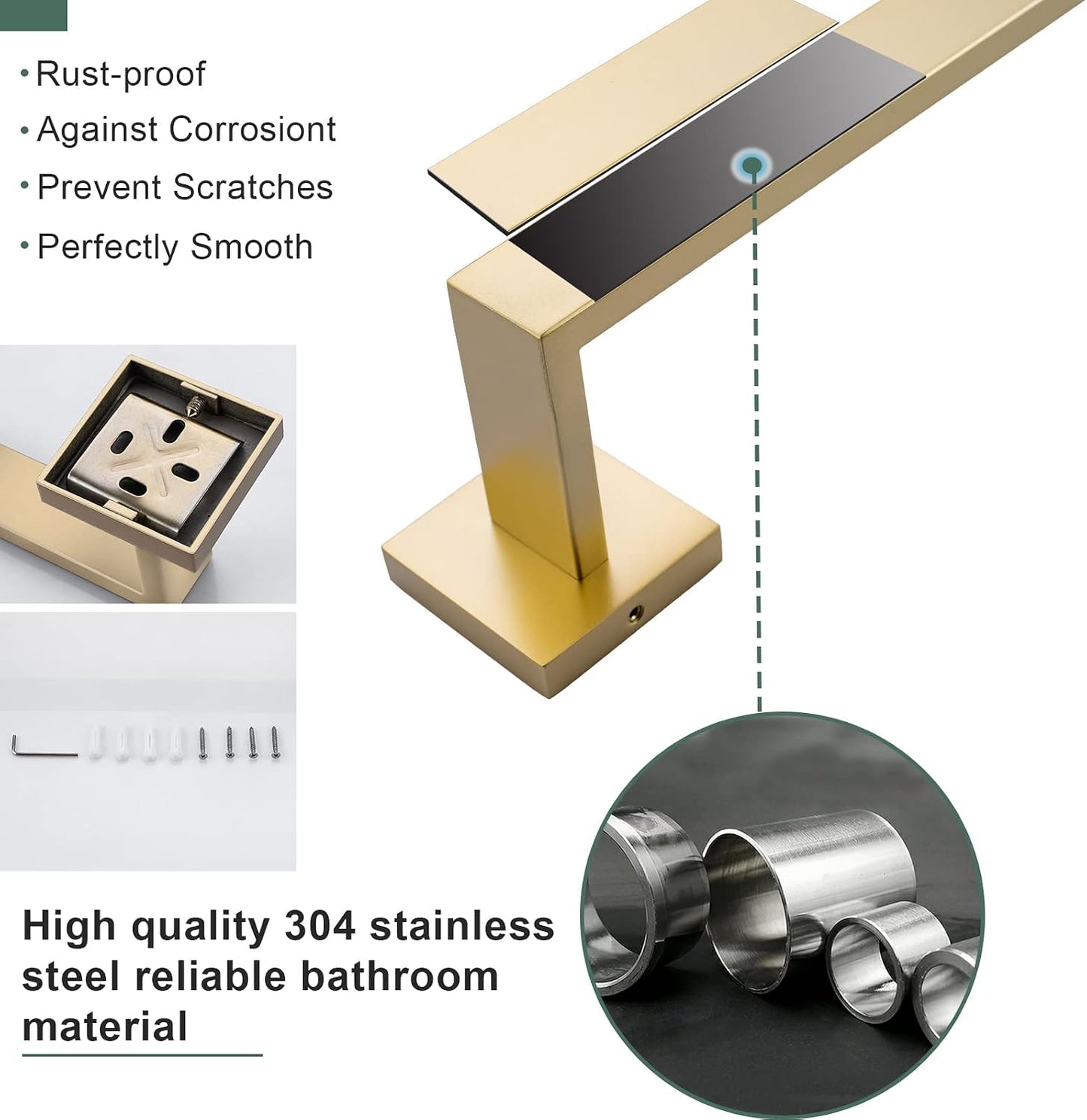 Brushed Gold Bathroom Towel Bar Sets Premium Stainless Steel 4-Piece Bathroom Hardware Set Wall Mounted Square Bathroom