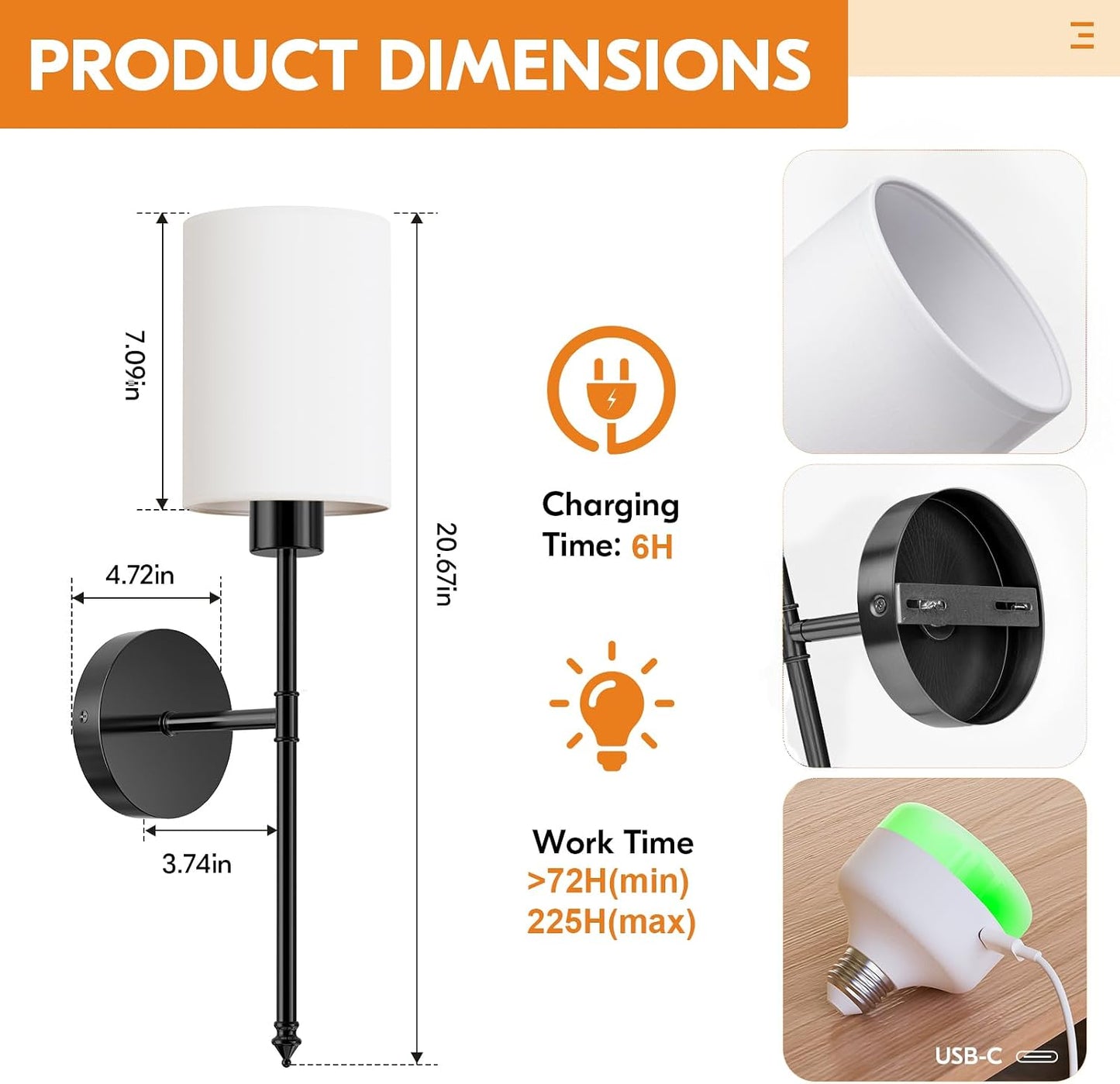 20.67 inch Battery Operated Wall Sconce Set of 2, Black Rechargeable Wall Lights with 10400mAh Dimmable Bulbs and