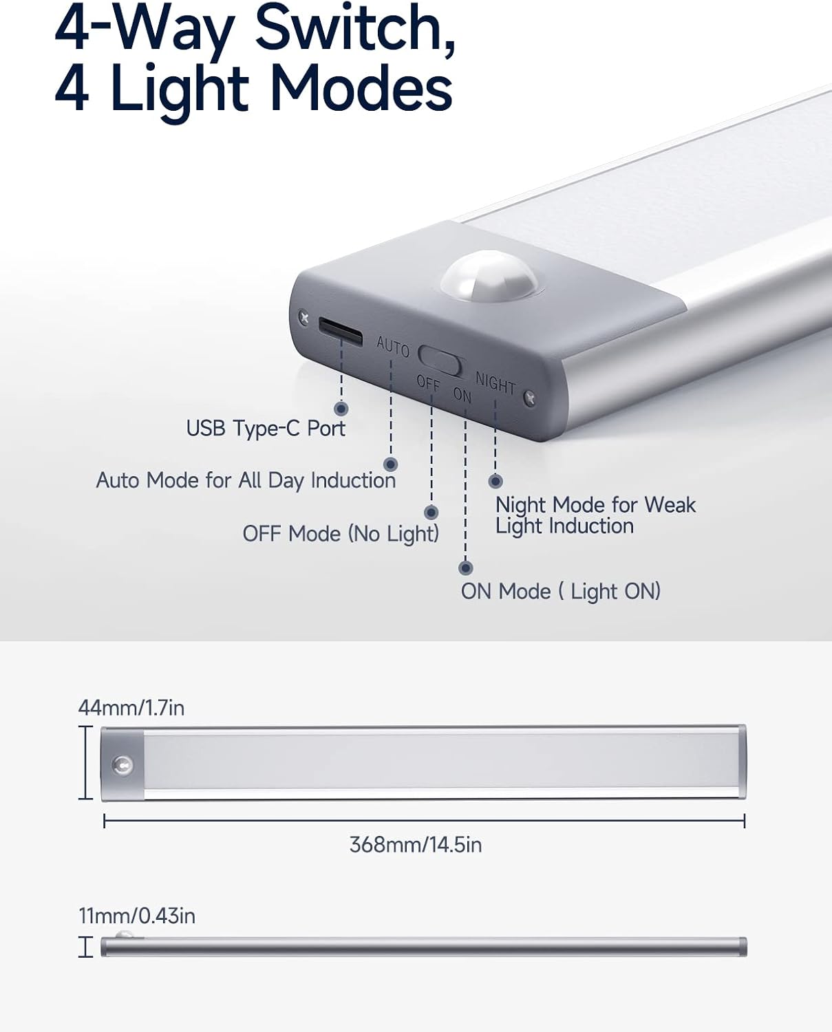 Under Cabinet Lights, Rechargeable Battery Operated Lighting, Wireless Motion Sensor Light Indoor,4 Modes Night Light