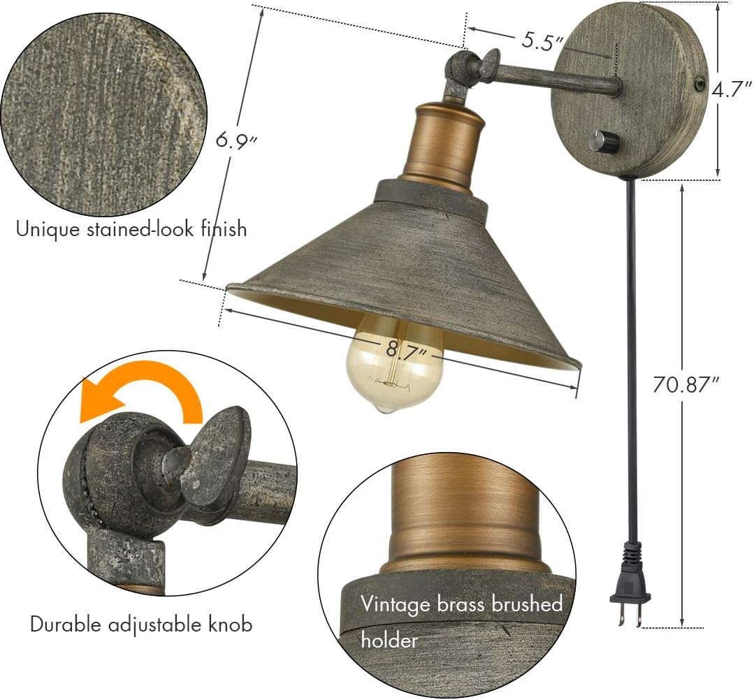 Vintage Industrial Swing Arm Plug-in Wall Sconces Set of 2 | Plug-in or Hardwired, 240° Adjustable Arm, E26 Dimmable