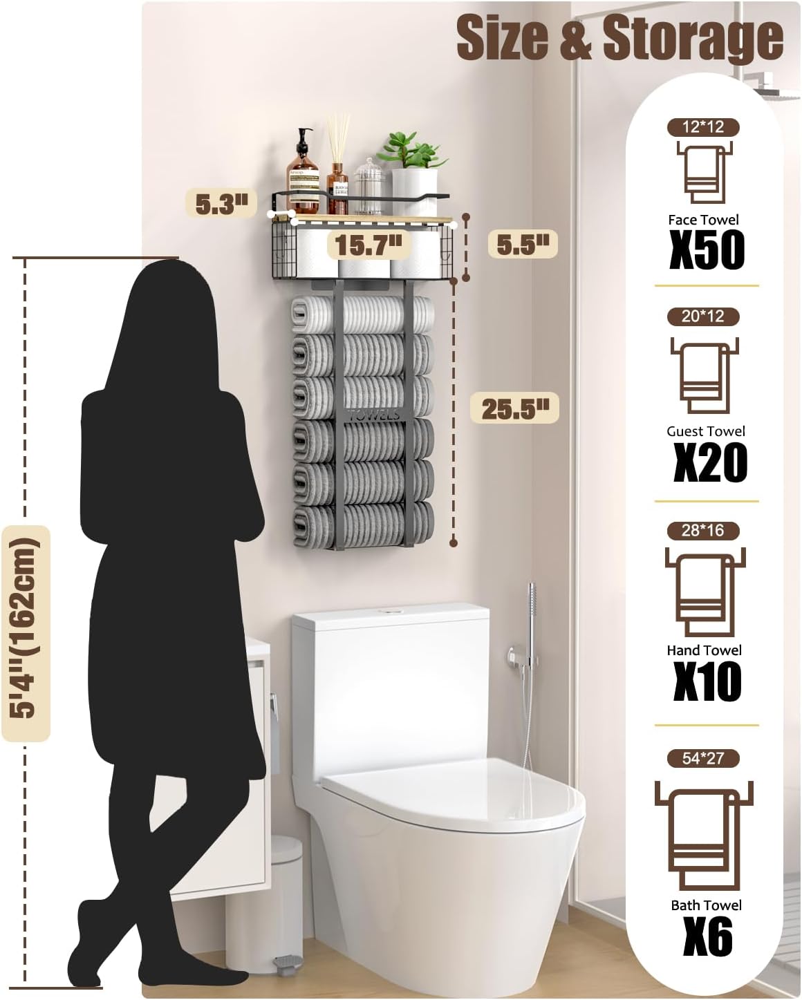 Aetyord Towel Racks for Bathroom - Wall Mounted Metal Rack with Wood Plank, Bathroom Storage Organizer, Towel Holder