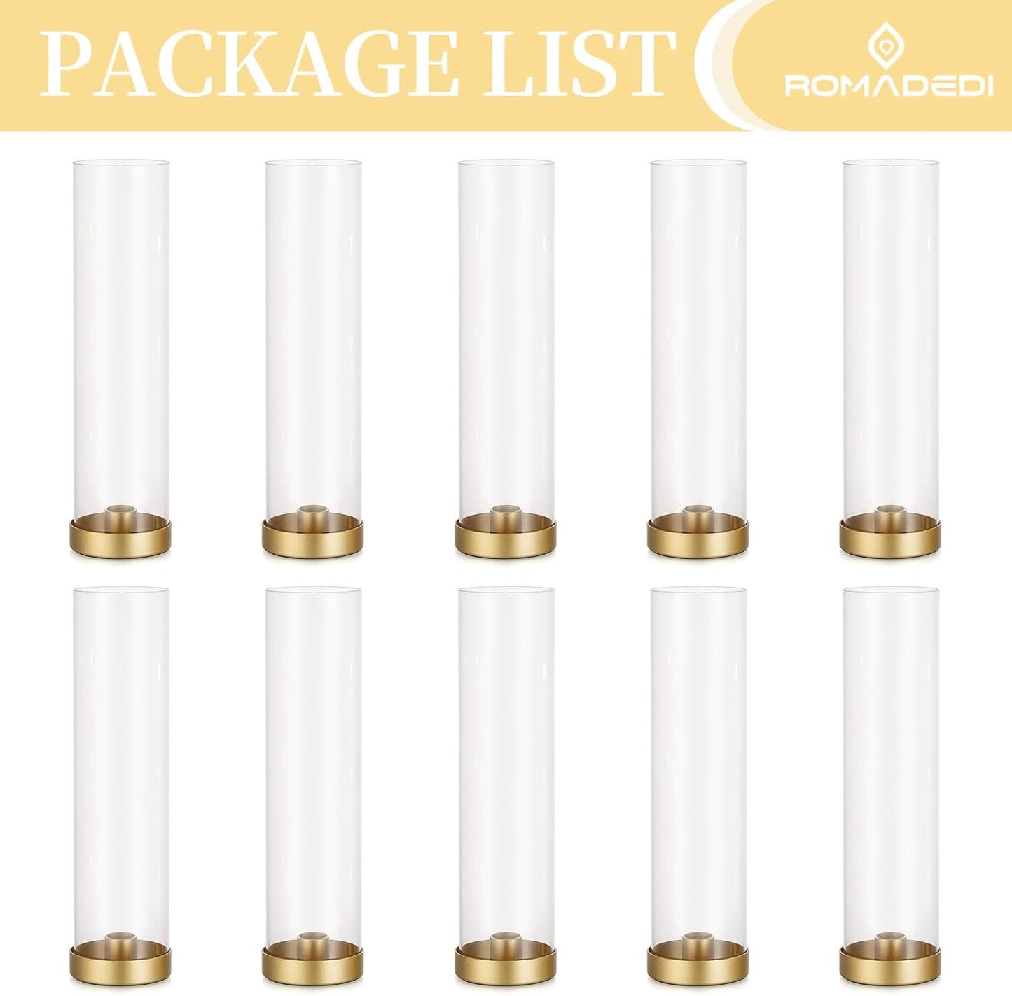 Romadedi Hurricane Candle Holders, 12" Tall, Pack of 12, Gold | Gold Base with Clear Glass Hurricane. Windproof and