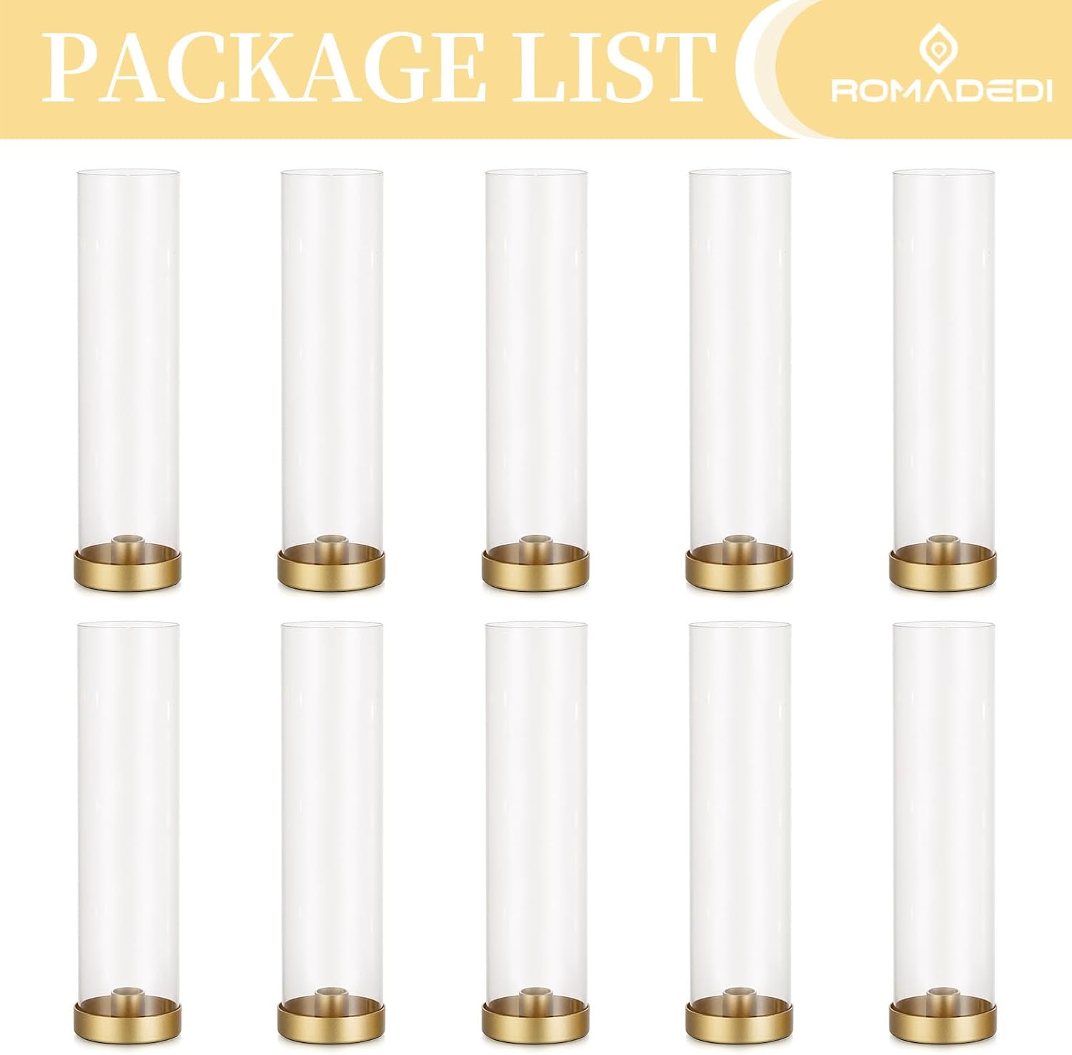 Romadedi Hurricane Candle Holders, 12" Tall, Pack of 12, Gold | Gold Base with Clear Glass Hurricane. Windproof and