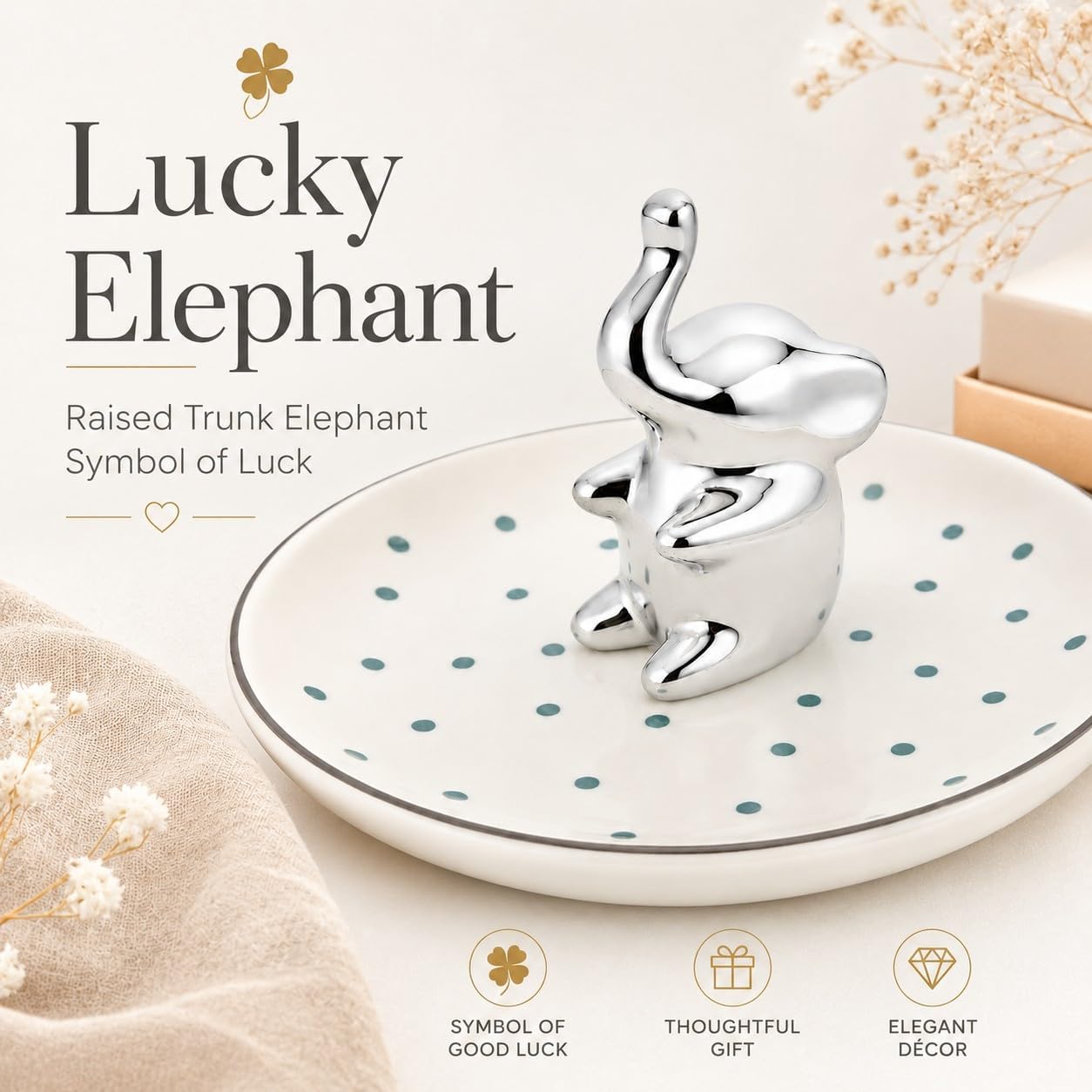 Ring Holder Jewelry Dish Ceramic Trinket Tray for Rings Earrings Necklace / Elephant / Silver
