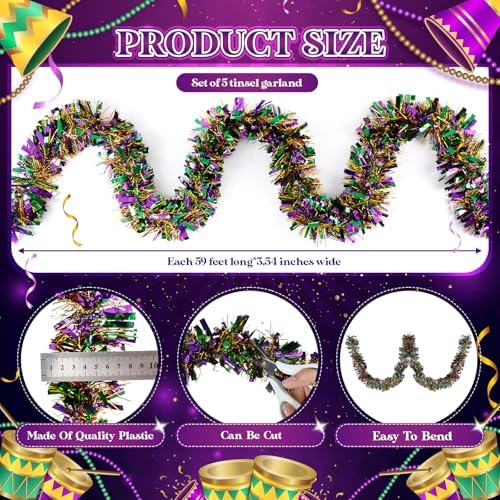 295 Feet Christmas Tinsel Garland, Purple, Green, Gold