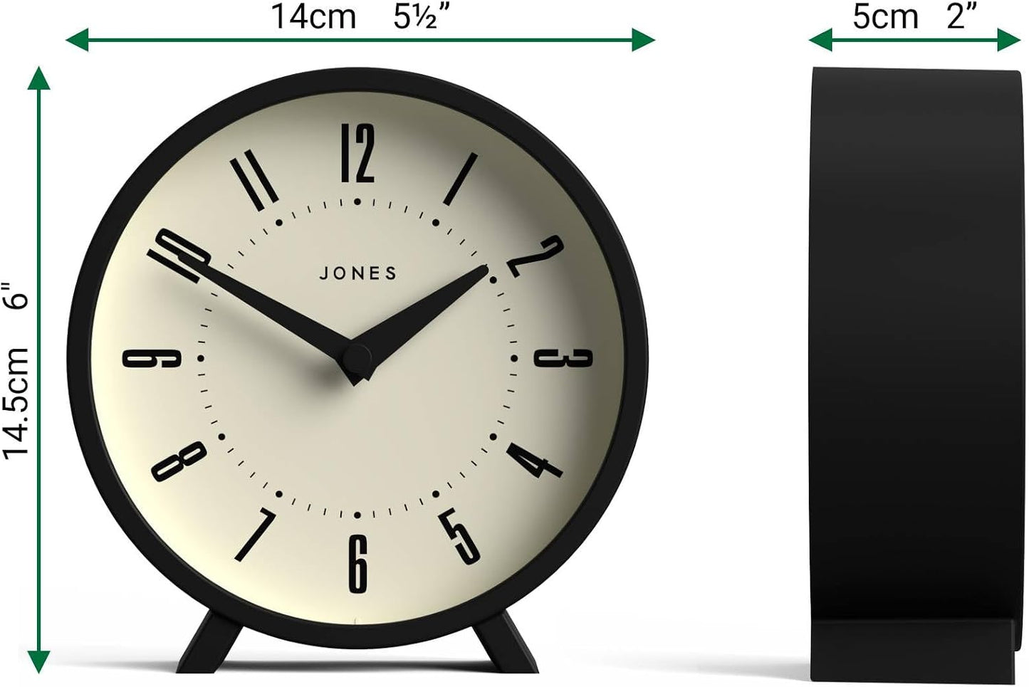 JONES CLOCKS® Venus Desk Clock | Modern Round Design | Black | Stylish Retro Look for Shelf, Table, Mantel or Bedside