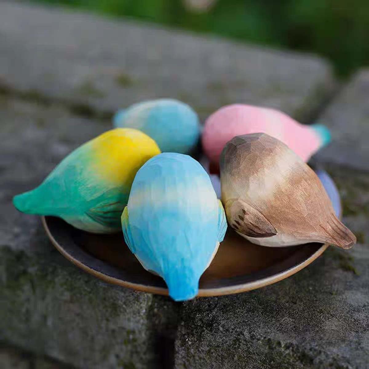 Bird Figurines Small Bird Figurines Home Decor Hand Carved Painted Wooden Statues / Blue and White