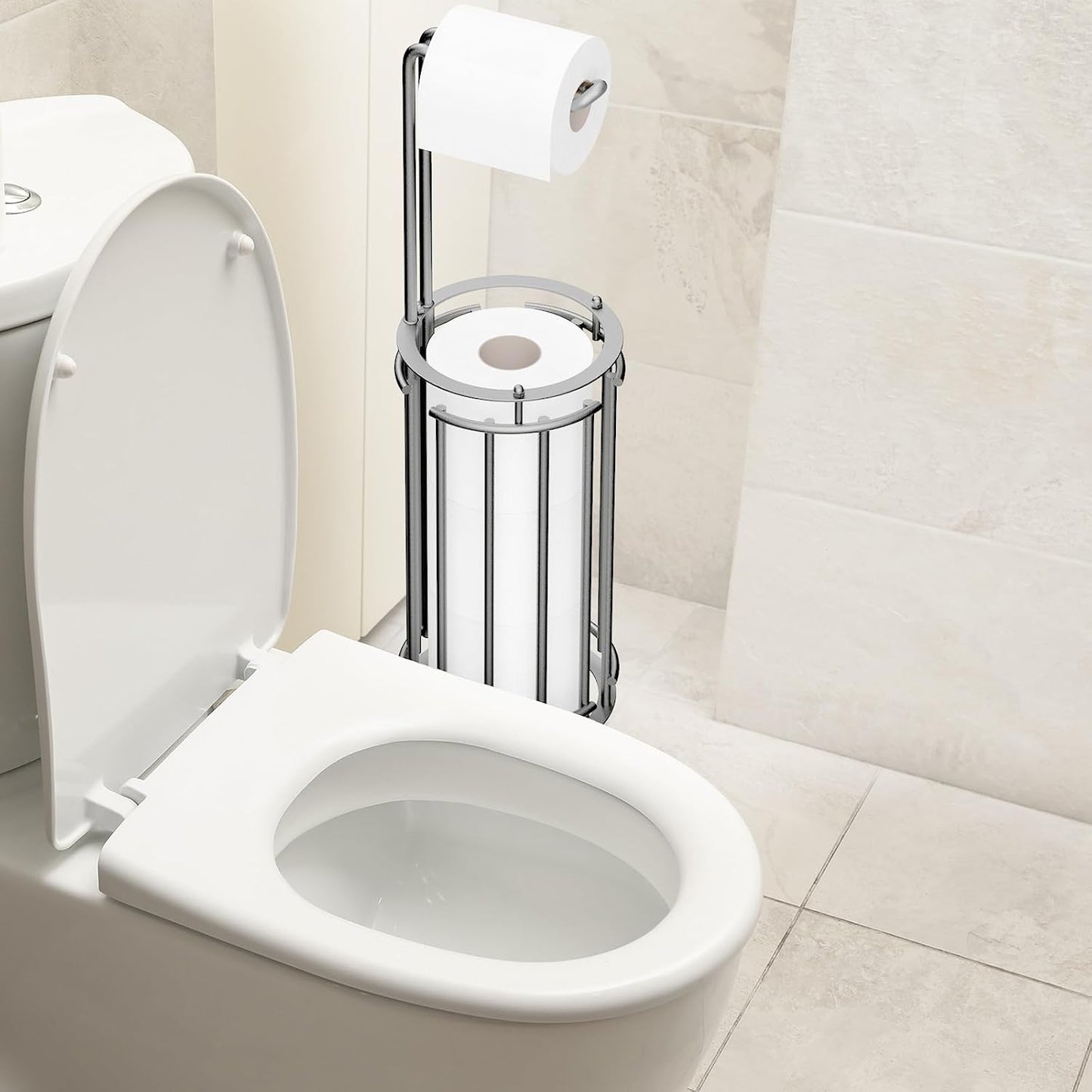 Meangood Toilet Paper Holder Stand and Tissue Paper Roll Dispenser for 4 Mega Rolls, Bathroom Free Standing Tissue Roll