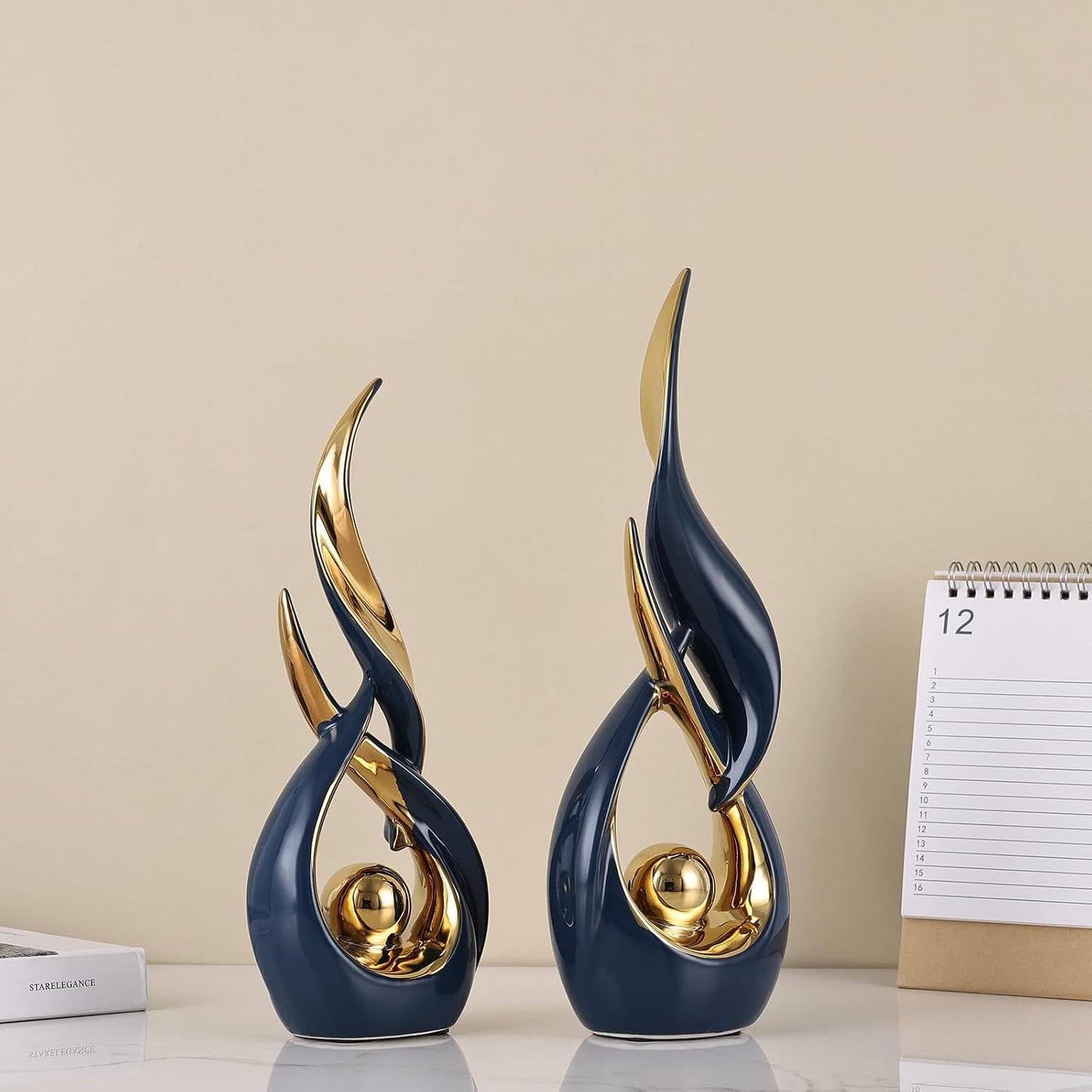 Ceramic Statues / Modern Abstract Art Sculptures / Blue Gold / Set of 2