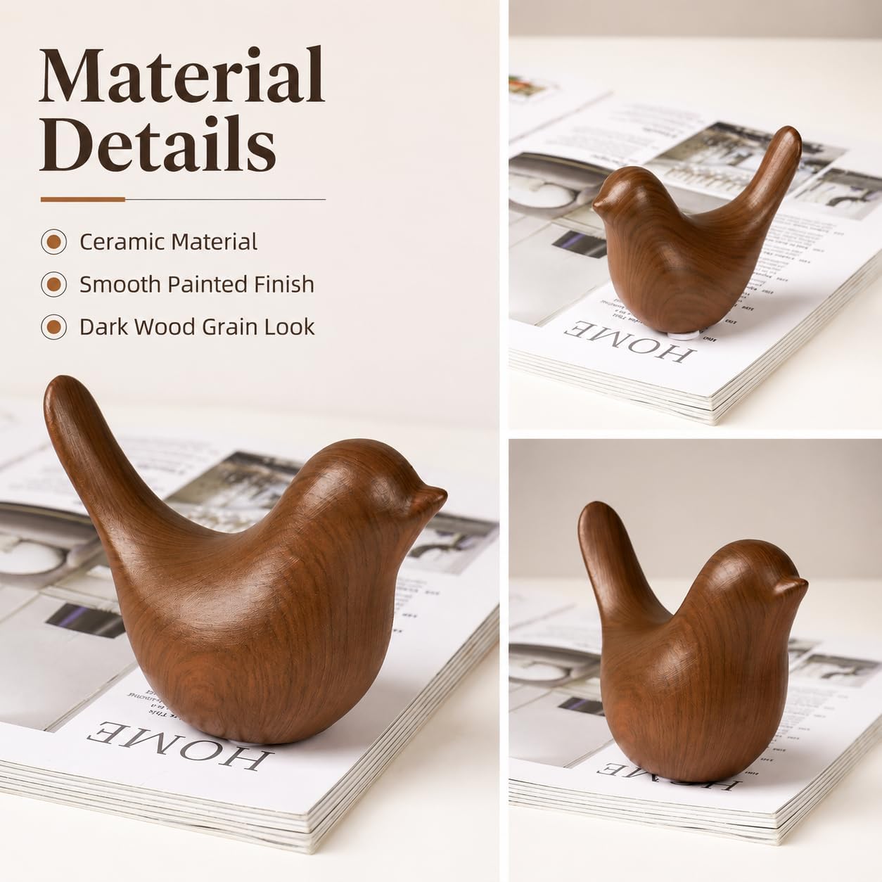 Ceramic Bird Figurines / Dark Wood Grain / Set of 2