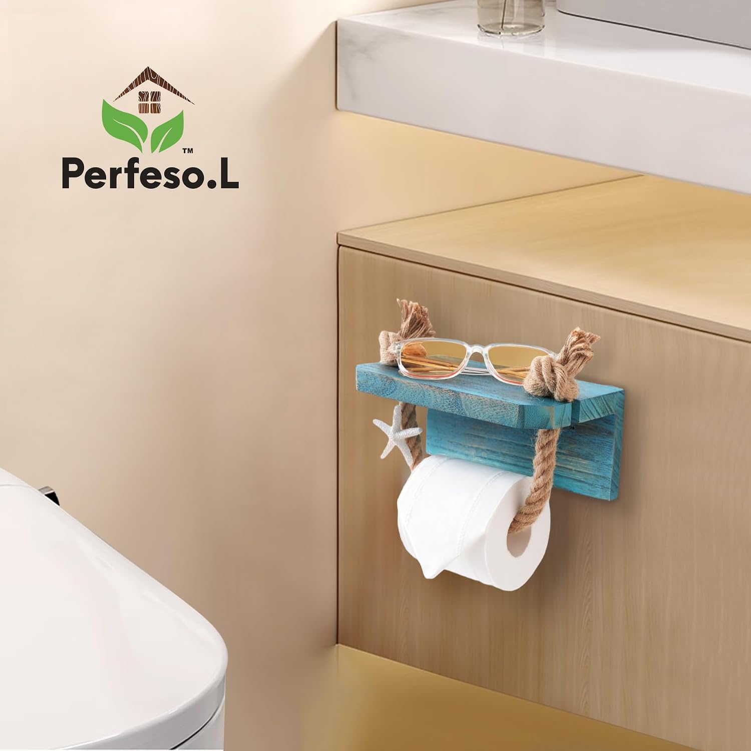 Nautical Rope Toilet Paper Holder Beach Farmhouse Bathroom Decor | Pre-Assembled Wall Mounted Coastal Ocean Starfish