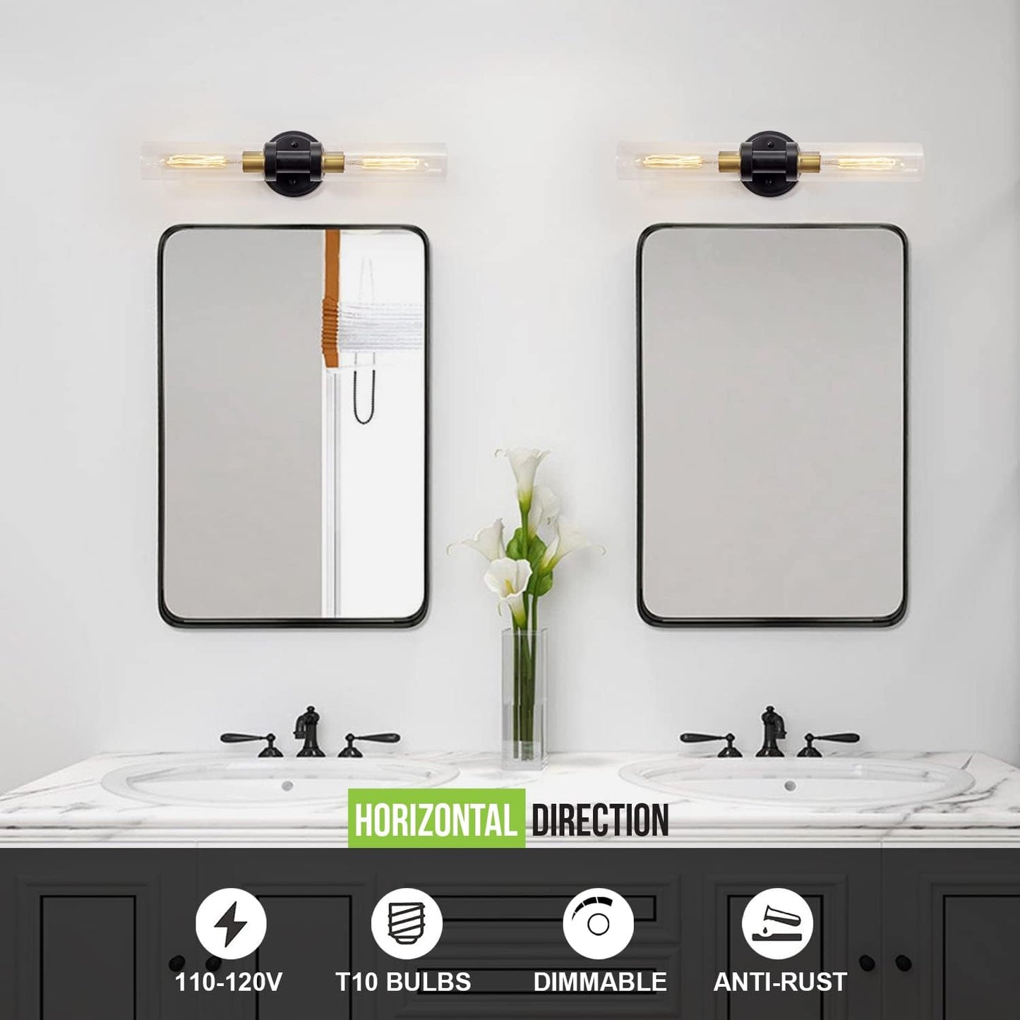 Bathroom Sconces Wall Lighting W/ Clear Glass, 2-Light Bathroom Vanity Light Fixtures, Modern Wall Lights for Mirror