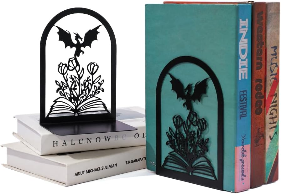 1 Pair Non Skid Metal Book Divider Decorative Holder / Dragon A