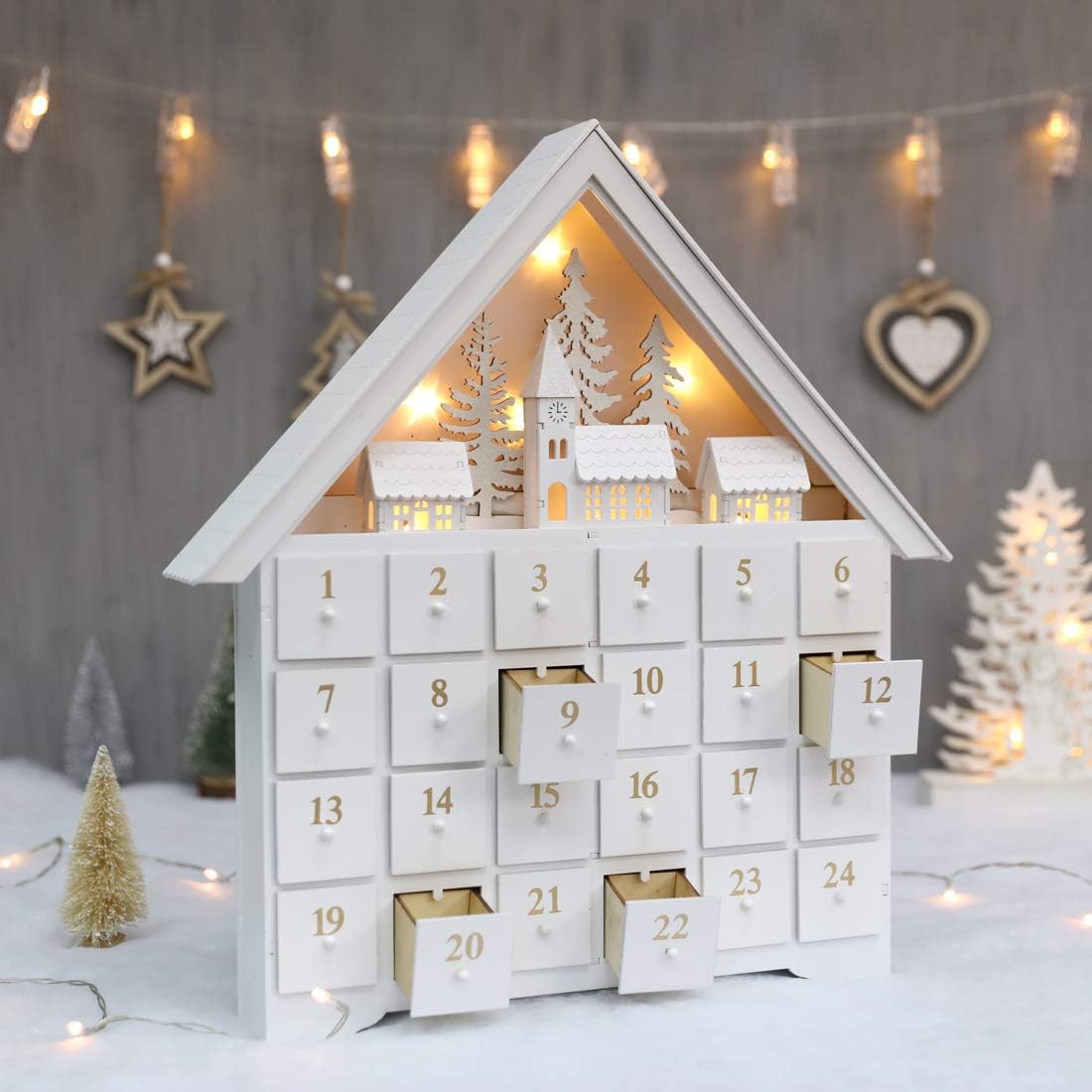 Christmas Wooden Advent Calendar House with 24 Drawers, Countdown to Christmas for Kids, LED Home Decoration, L16.25 x