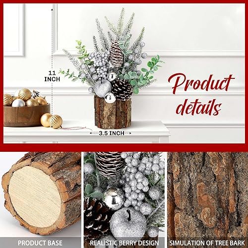 Small Christmas Tree Tabletop Artificial Mini Christmas Tree Decorations with Holiday Ornaments Red Berry Pine Cone Greenery for Home Indoor Fireplace Mantel Xmas Decor (Tree Stump-Silver)