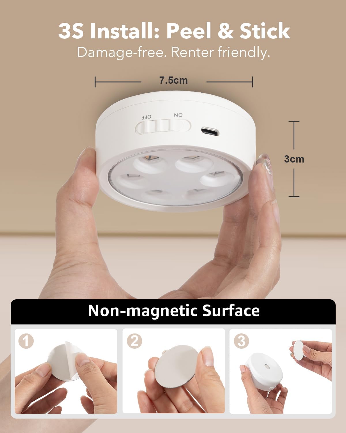 2400mAh Rechargeable Puck Lights with Remote, RGB Under Cabinet Light | USB-C Charging, Color Changing, Timer, Push