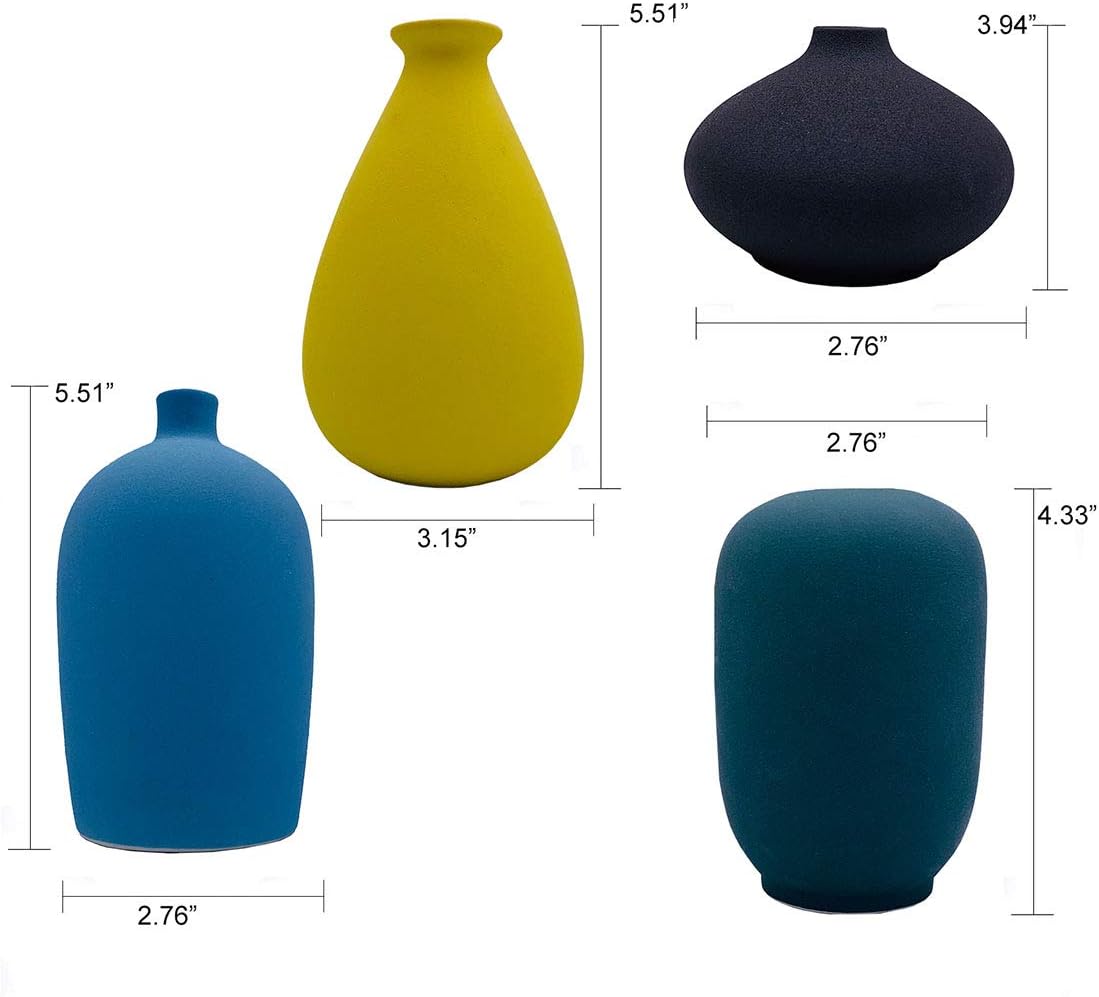 Small Ceramic Flower Vases / Dark Green-yellow-blue-black / Set of 4
