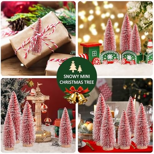 12 Pcs Mini Christmas Tree, Tabletop Christmas Tree with Wooden Bases Artificial Mini Tree with 3 Sizes Christmas Table Decor Bottle Brush Trees for Christmas Decorations (Red)