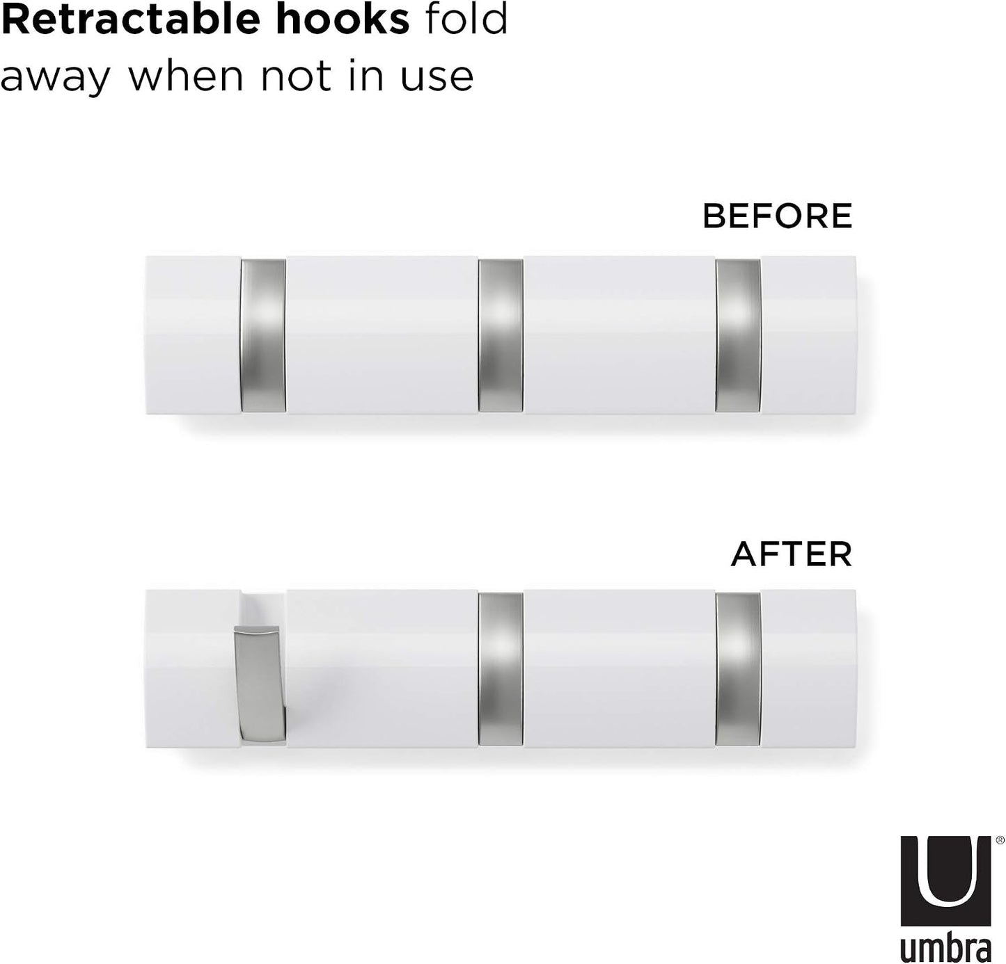 Umbra Flip Coat Rack, Wall Mount Retractable Hooks, 3-Hook, White/Nickel | Real wood and steel build, folds flat when