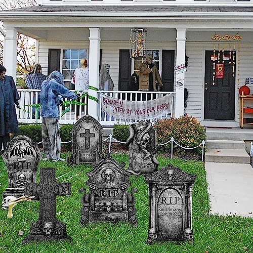 Halloween Decorations Outdoor Graveyard Tombstones: 6ct Large Tombstone Halloween Decor Yard Signs with Stakes, 16" Realistic Scary Skeleton RIP Cemetery Gravestones for Yard Lawn Outside Home Party