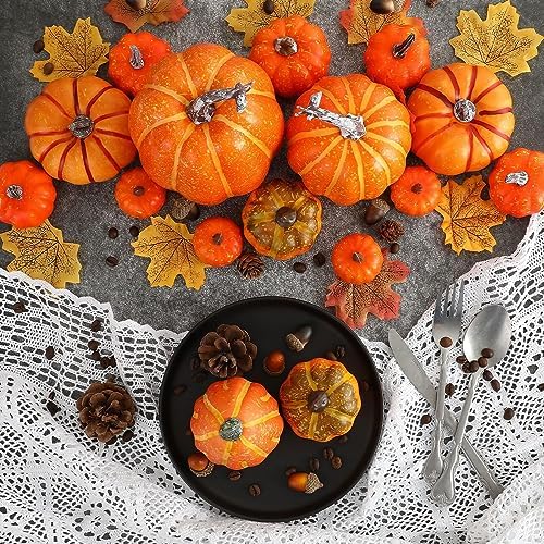 Ywlake 16 Pcs Pumpkin Fall Decorations, Decorative Large Small Outdoor Orange Foam Plastic Fake Faux Artificial Pumpkins for Halloween Autumn Harvest Festival Home Table Decor