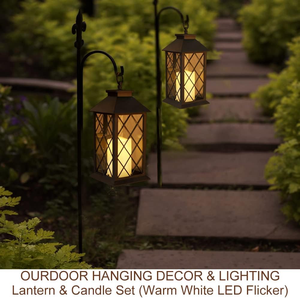 2-Pack 13.5" Vintage Candle Lantern with LED Pillar Candle (Black, 6hr Timer) - IP44 Waterproof Battery Powered