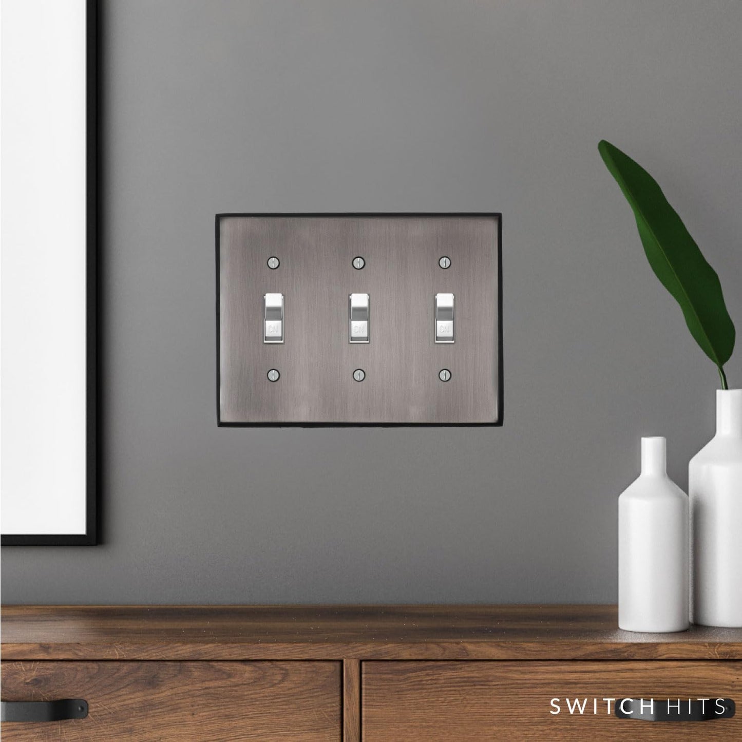 Antique Pewter Outlet Wall Plate | 3 Toggle | 6.25" x 4.5" | Hand-Polished Brass Construction | Electrical Switch Plate