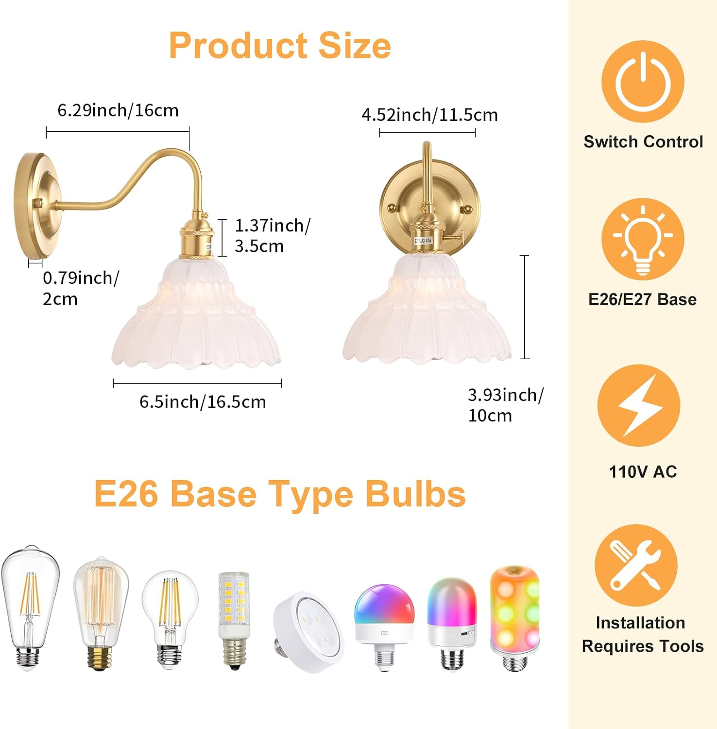 Shenmoyl Battery Operated Wall Sconce Set of 2, Vintage Rechargeable Wall Lights with White Lily Glass Shade, Wireless